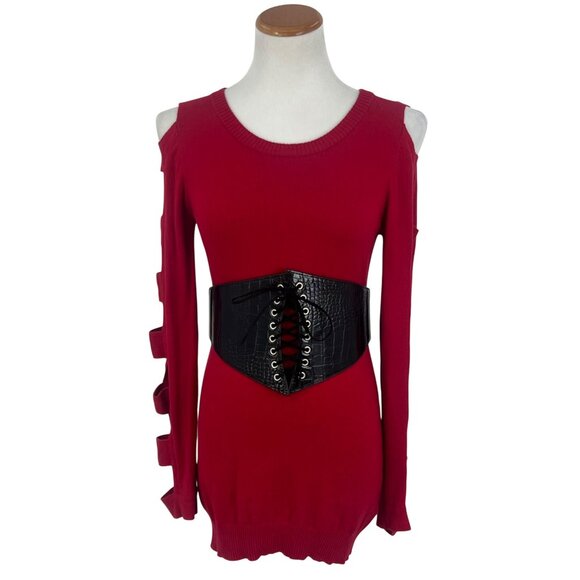 Vtg 90s Y2K F21 Red Angora Cold Shoulder Caged Ladder Sweater | Grunge Baddie S - Picture 12 of 16